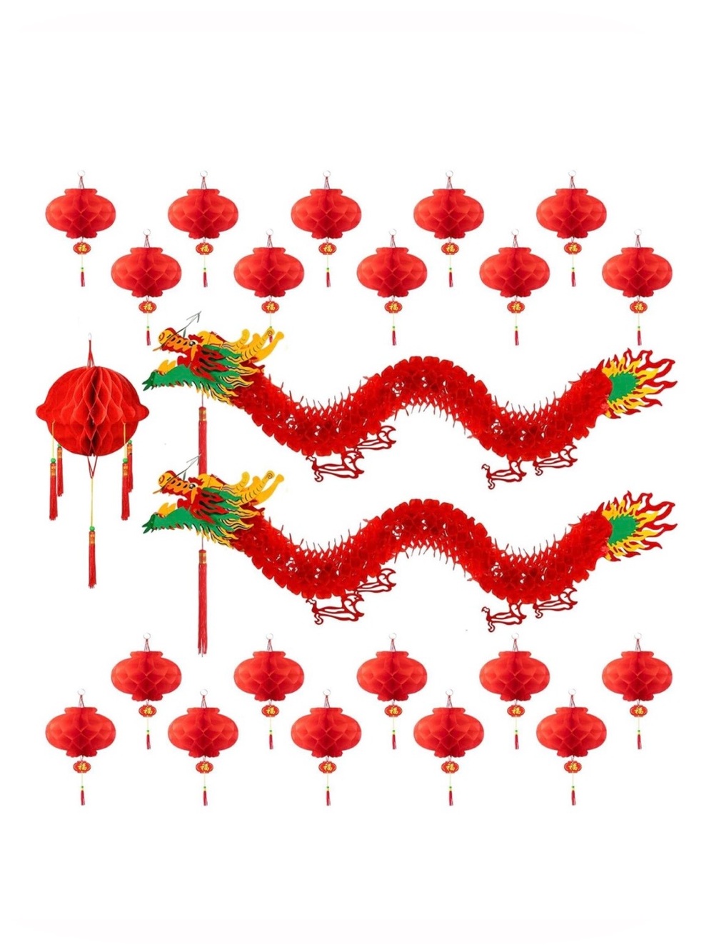 23Pcs Chinese Decorations for Party with 2 3D Dragons
& 20 Red Lanterns
Fuller l